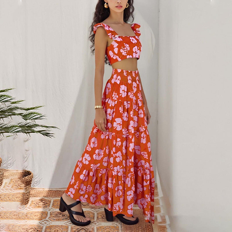 Sexy Daily Casual Solid Color Splicing Suspender Skirt Set