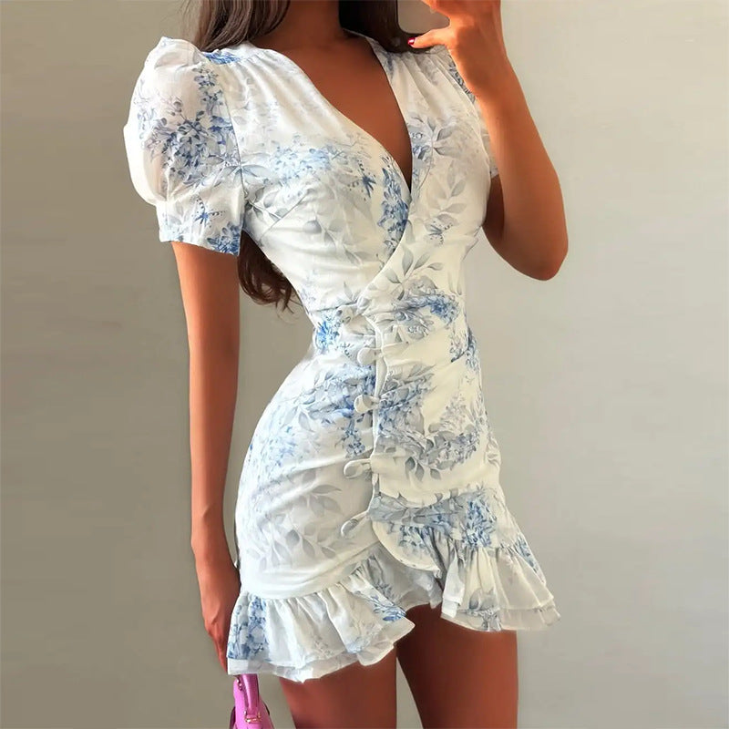 Women's Elegant Floral Ruffle Trim Dress