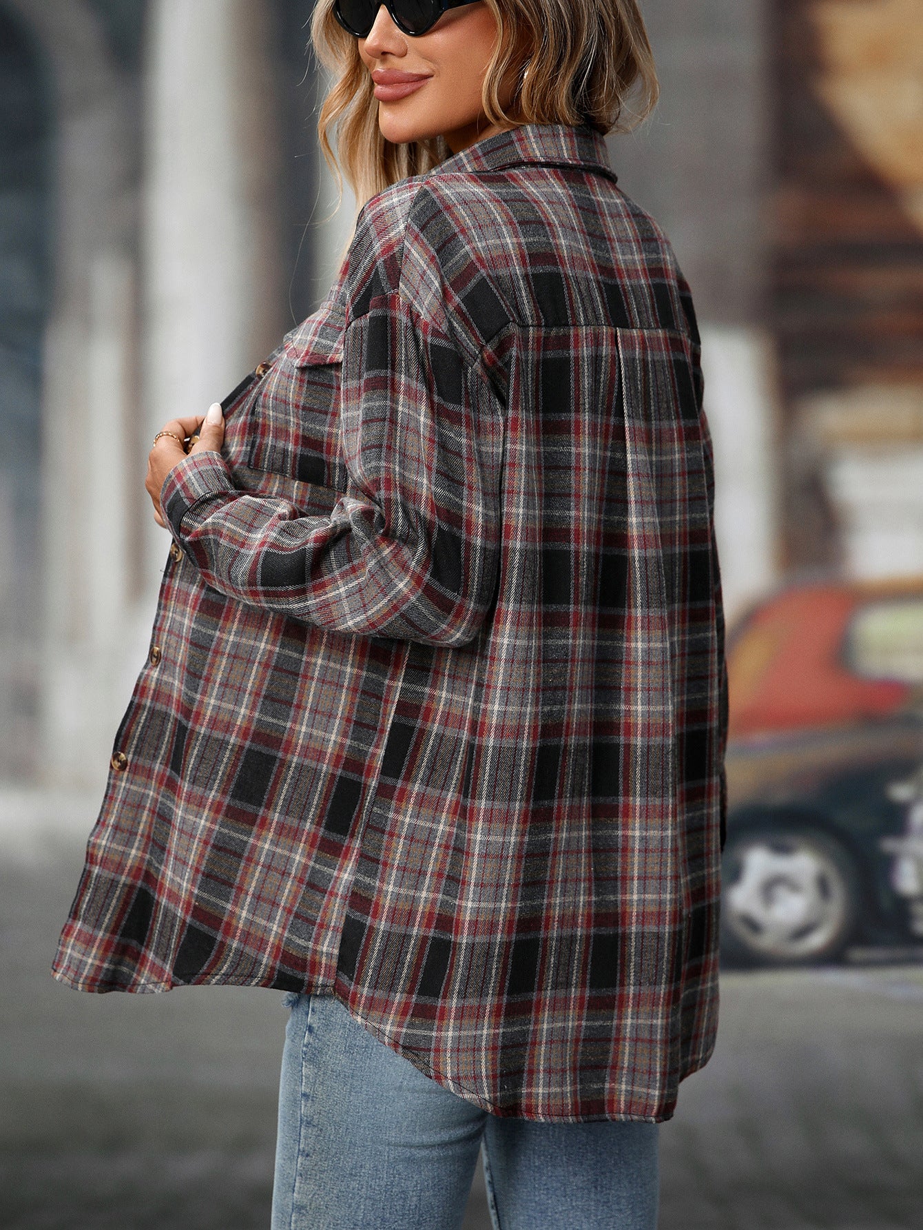 Casual Fashion Loose Plaid Pocket Shirt Women
