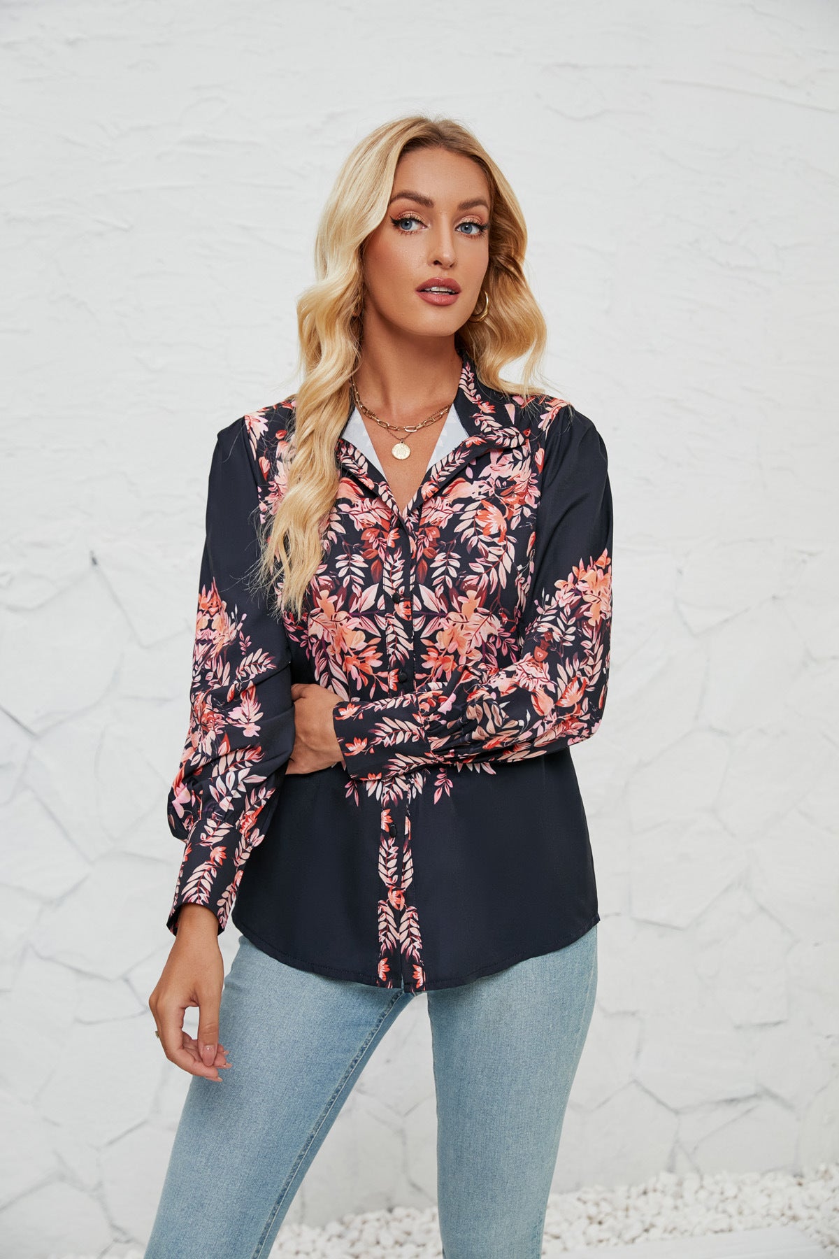 Women's Printed Long Sleeve Stand-Up Collar Fashion Casual Blouse