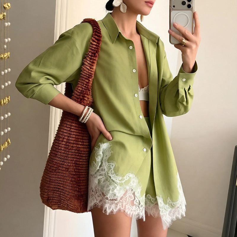 Women Fashion Casual Solid Color Lace Splicing Shorts Set