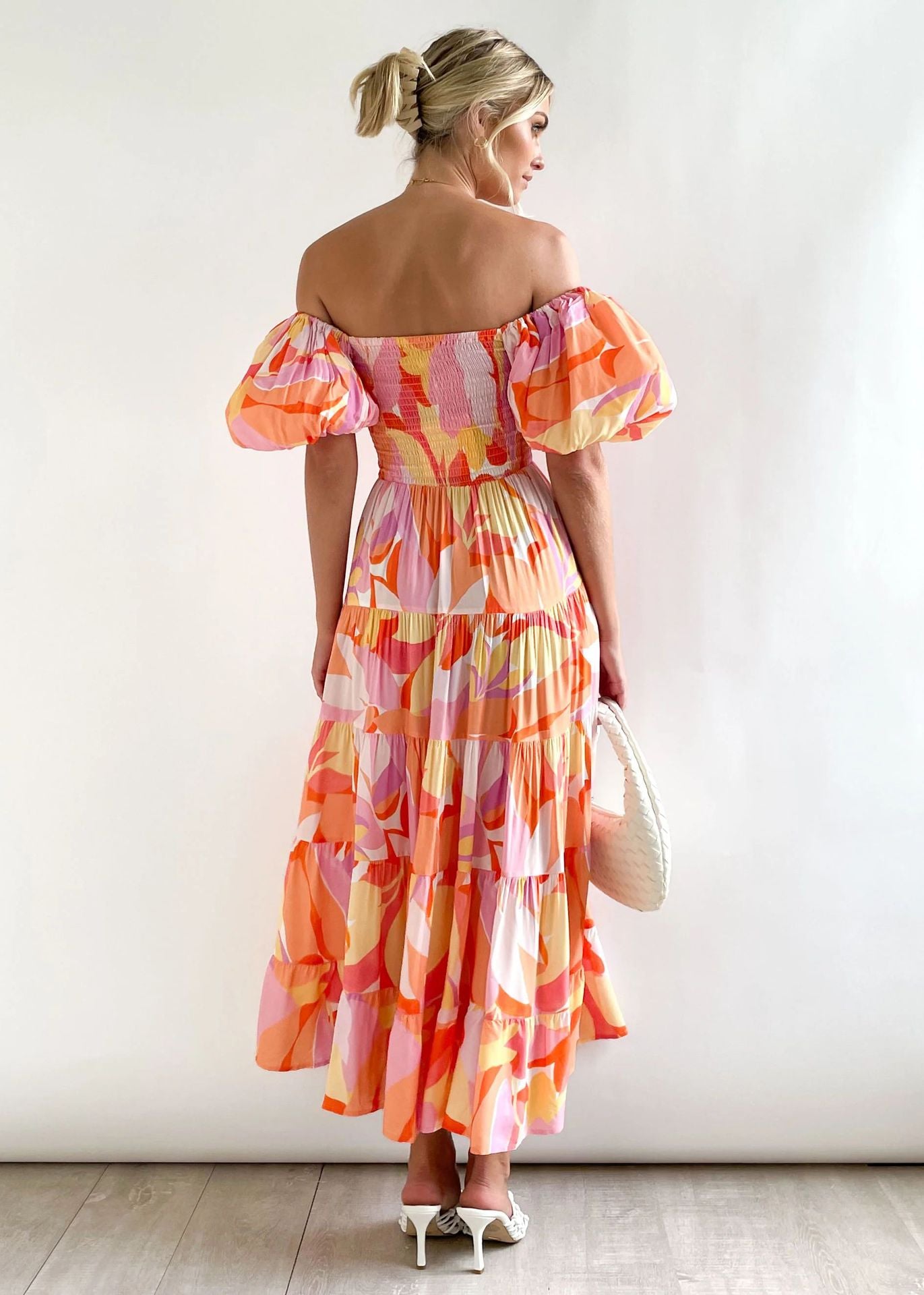 Women Bubble Sleeve Holiday Skinny Long Dress High Waist Shoulder Print Dress