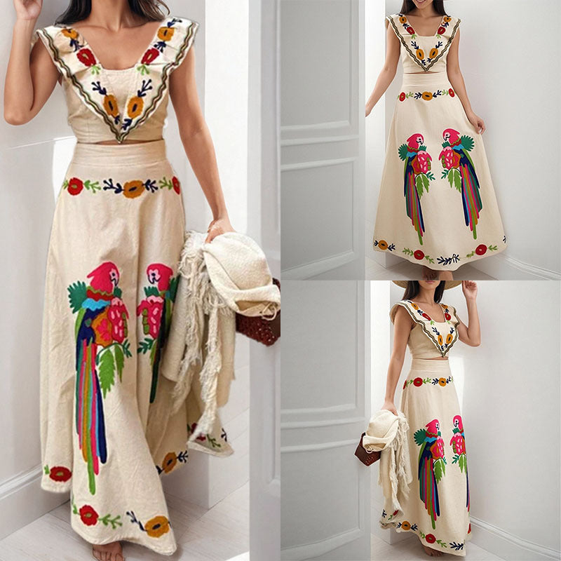 Women Ruffled Print Maxi Dress Fashion Set