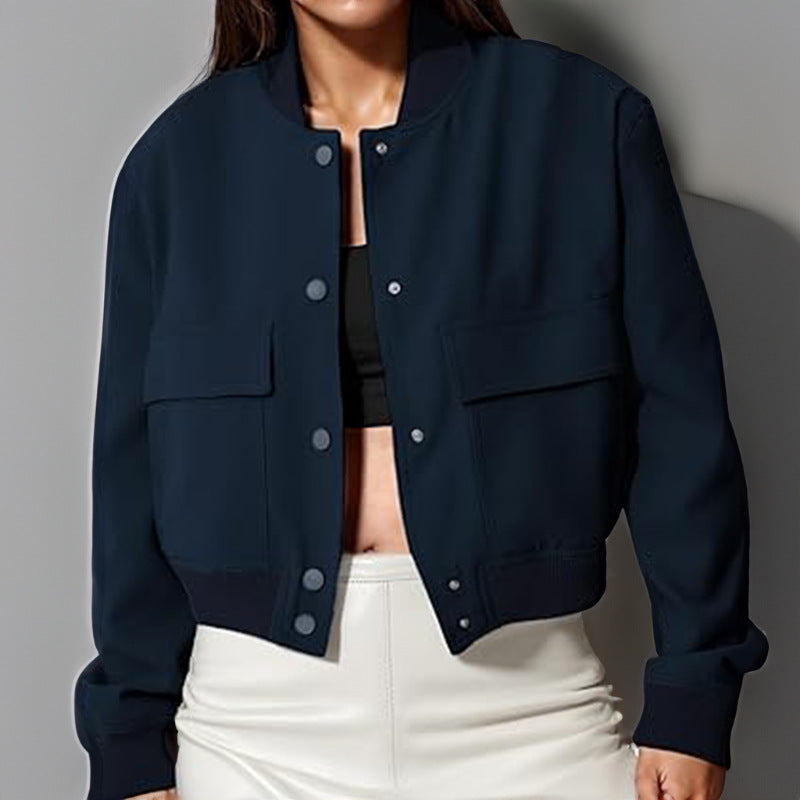 Women's Casual Stand-up Collar Solid Color Pocket Jacket