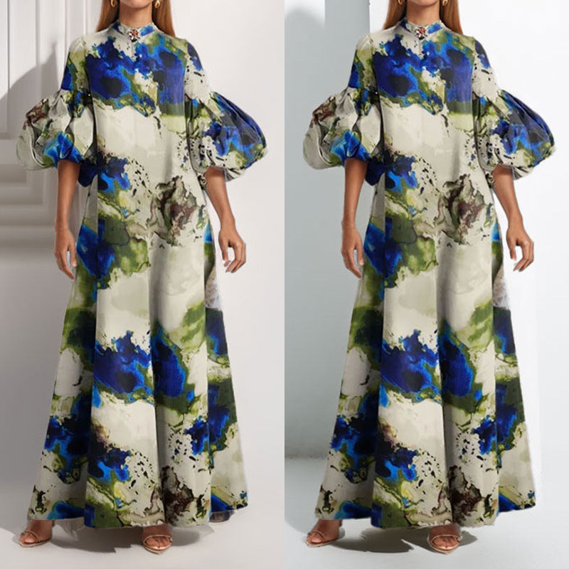 Casual Bubble Sleeve Print Painted Dress