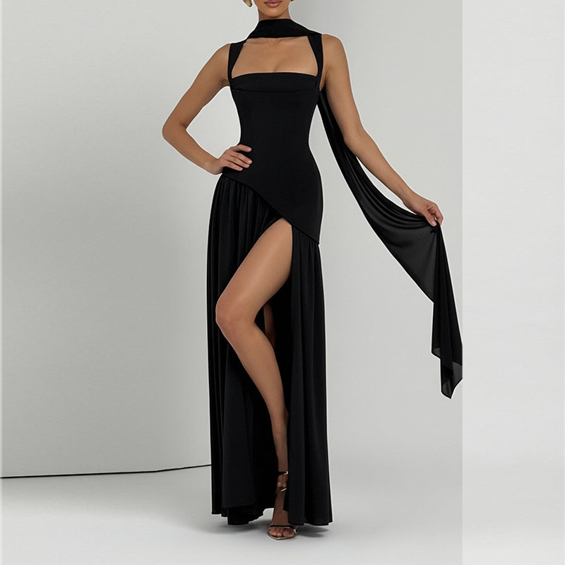 Women's Summer Elegant Slim Fit Solid Color Waist Split Dress