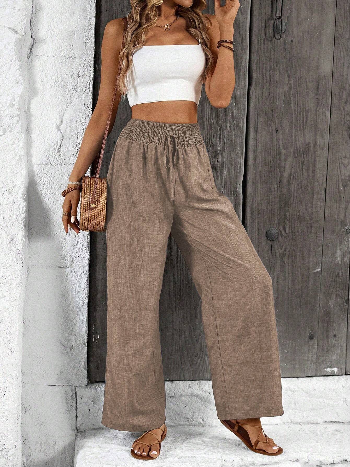 Womens Cotton Linen Pants High Waisted Wide Leg Trousers