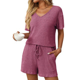 Solid Color Pit Strip Pajamas Short-sleeved Loungewear Set