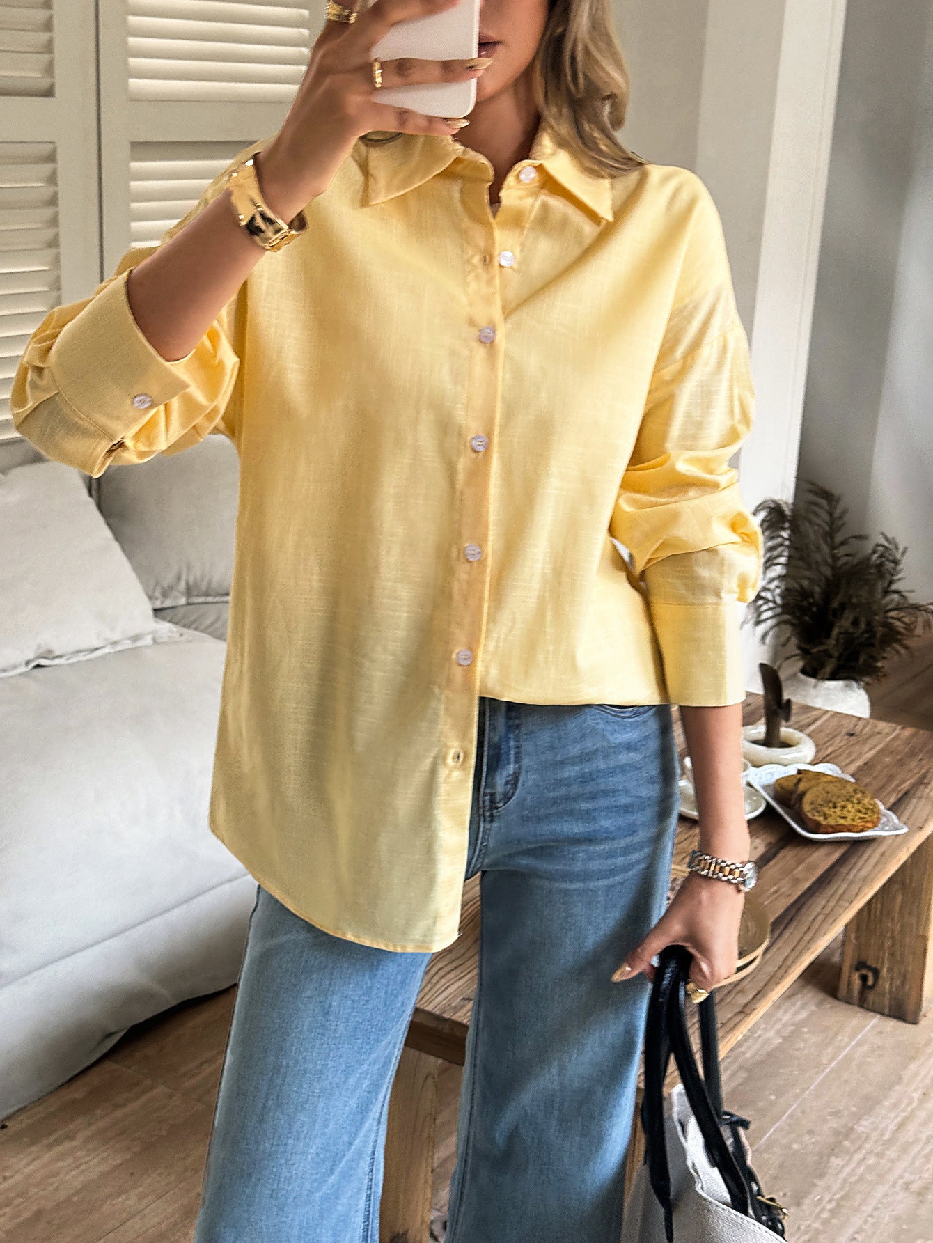 Women's Solid Button V-Neck Long Sleeve Women's Long Sleeve Blouse