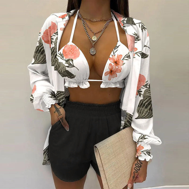 Sexy Beach Vacation Style Printed Shorts Three-piece Set