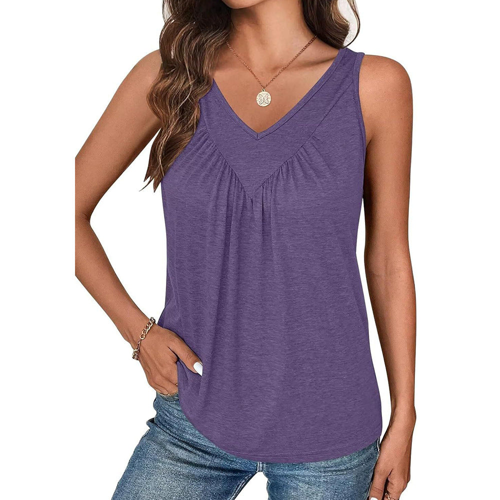 Solid Color V-neck Sleeveless Top Women's Casual Loose Vest Women