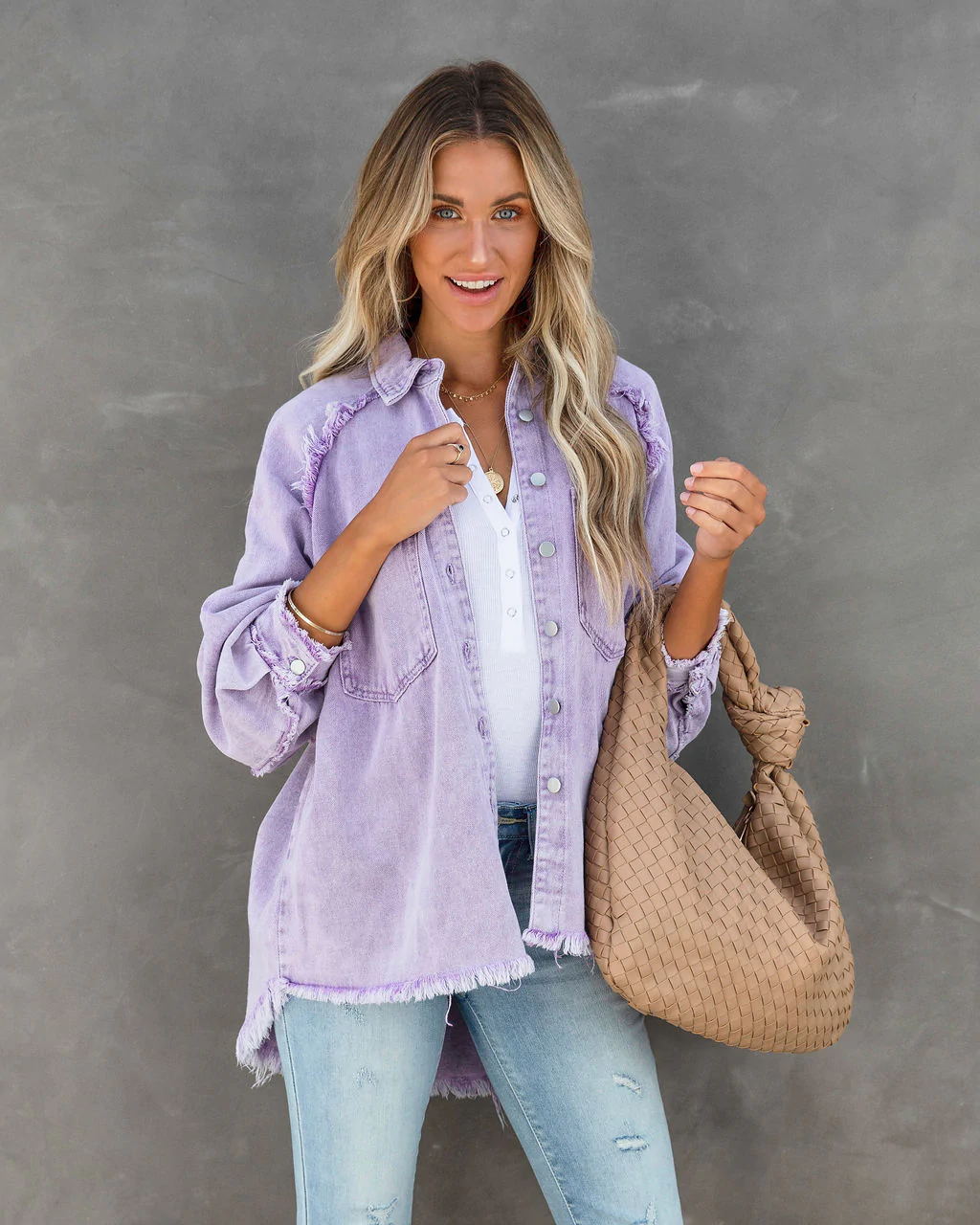 Womens Casual Fringed Ripped Loose Denim Jacket