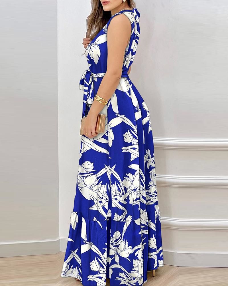 Women's Summer Neck Strap Printed Lotus Leaf Dress Women