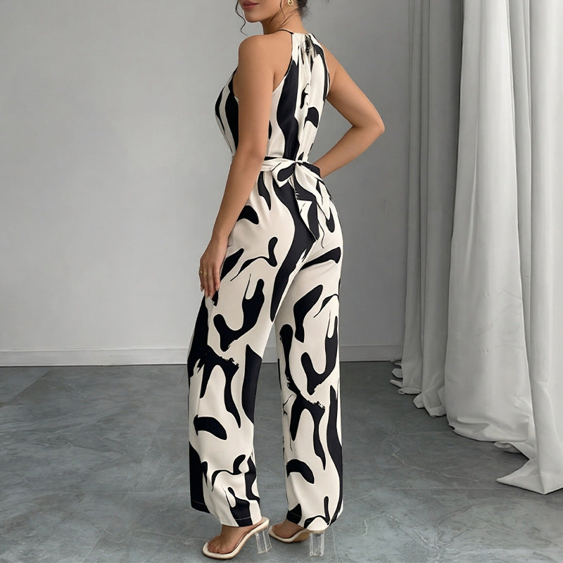 Women Crew Neck Printed Sleeveless Jumpsuit