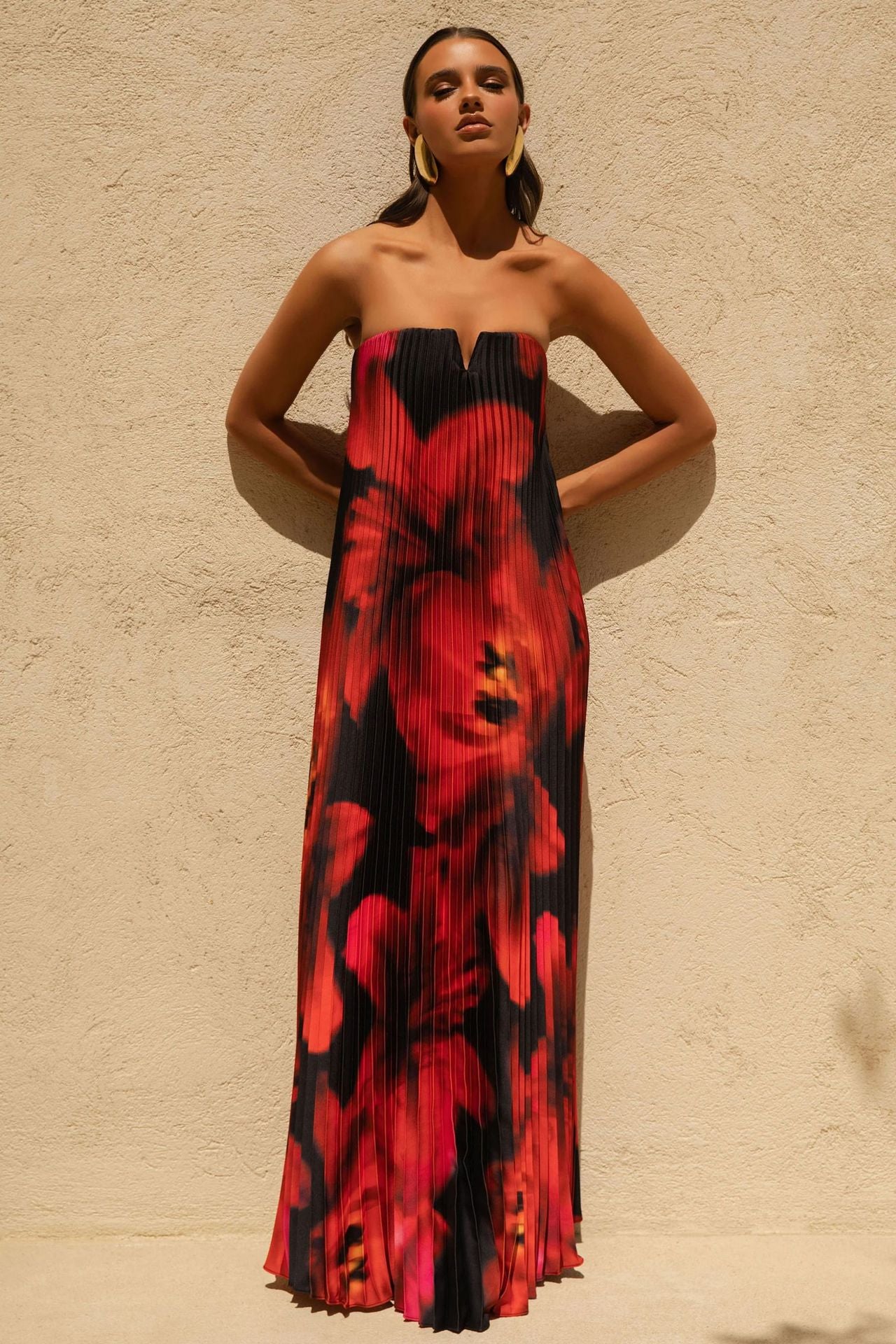 Women Printed Tubular Loose Pleated Long Dress