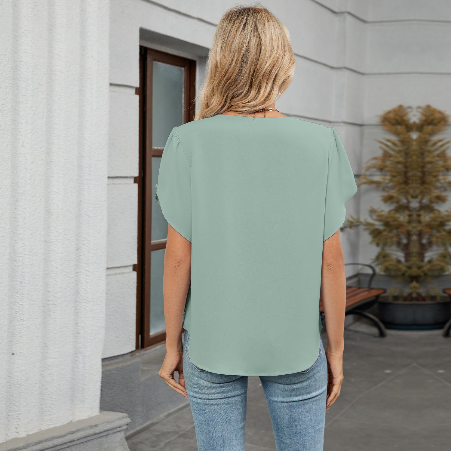 Women Crew Neck Short Sleeve Pleated Loose Chiffon Top