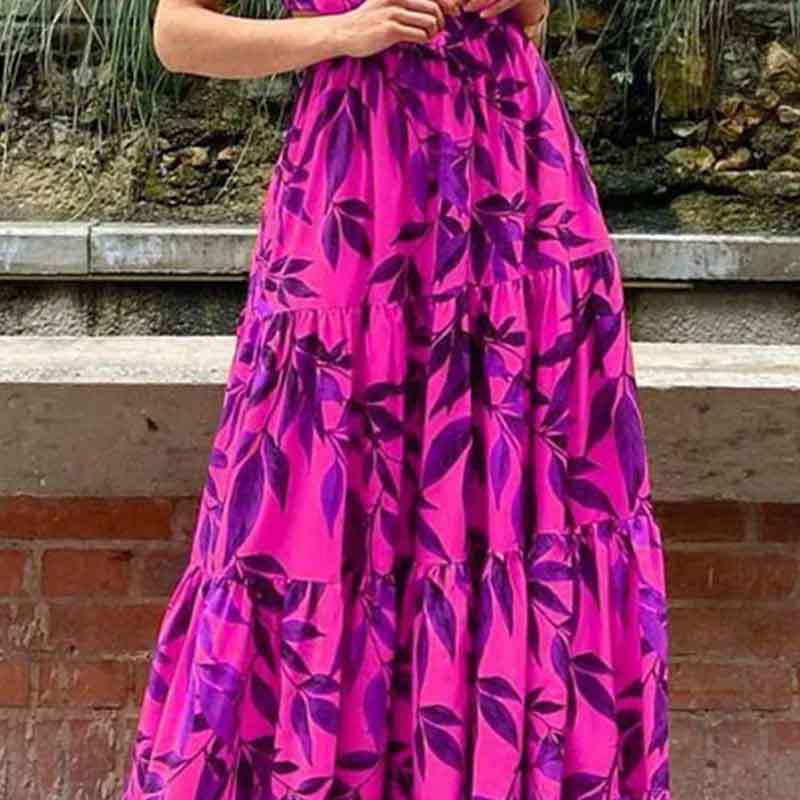 Womens Lotus Leaf Sleeve Print Long Dress