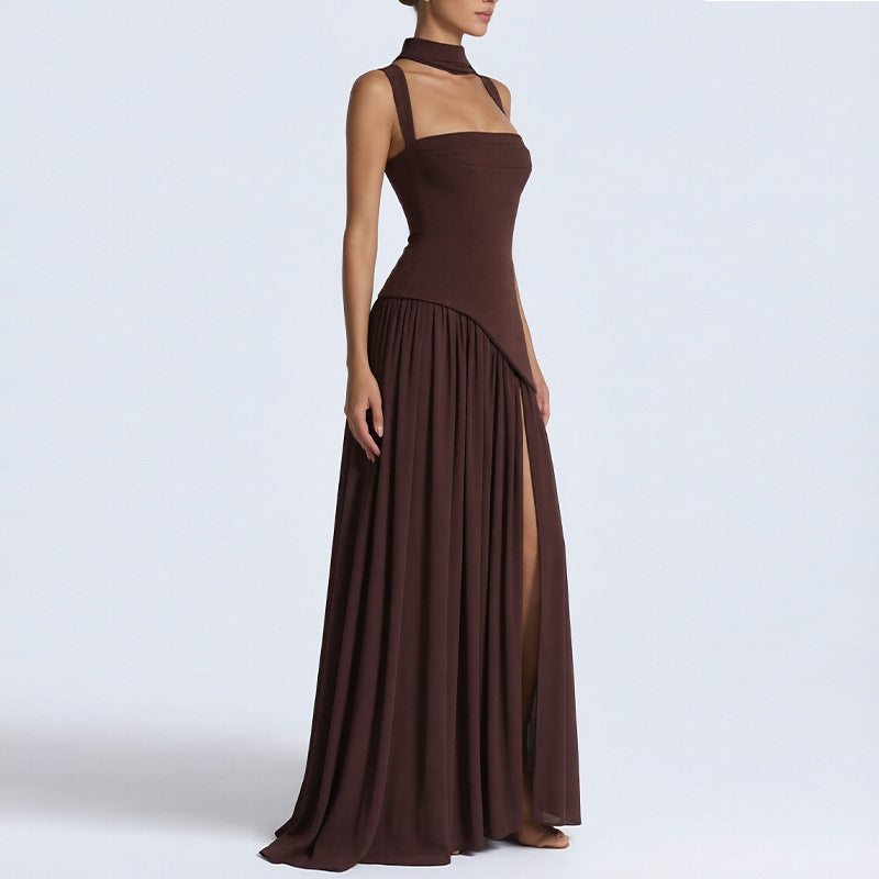 Women's Summer Elegant Slim Fit Solid Color Waist Split Dress