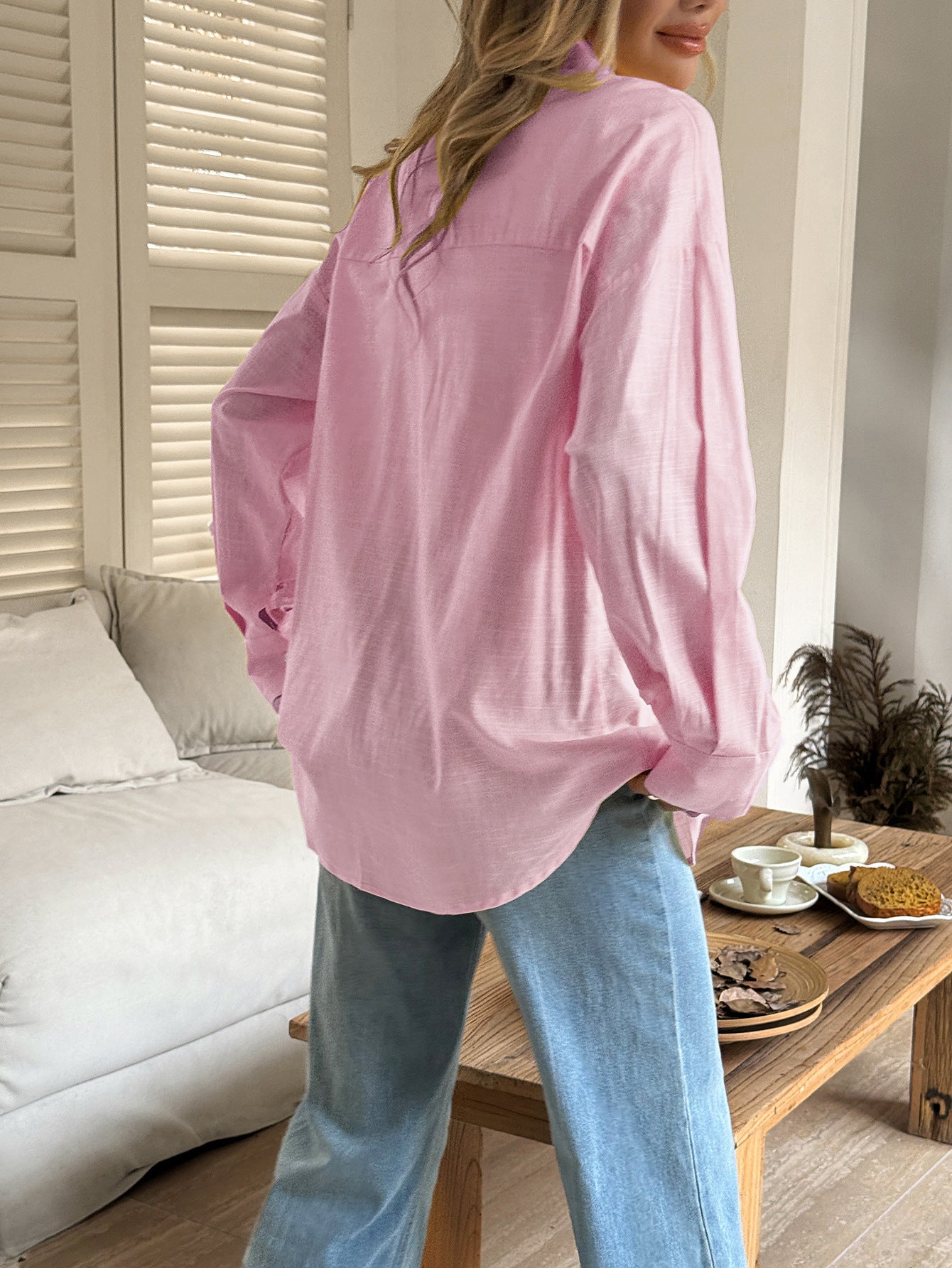 Women's Solid Button V-Neck Long Sleeve Women's Long Sleeve Blouse