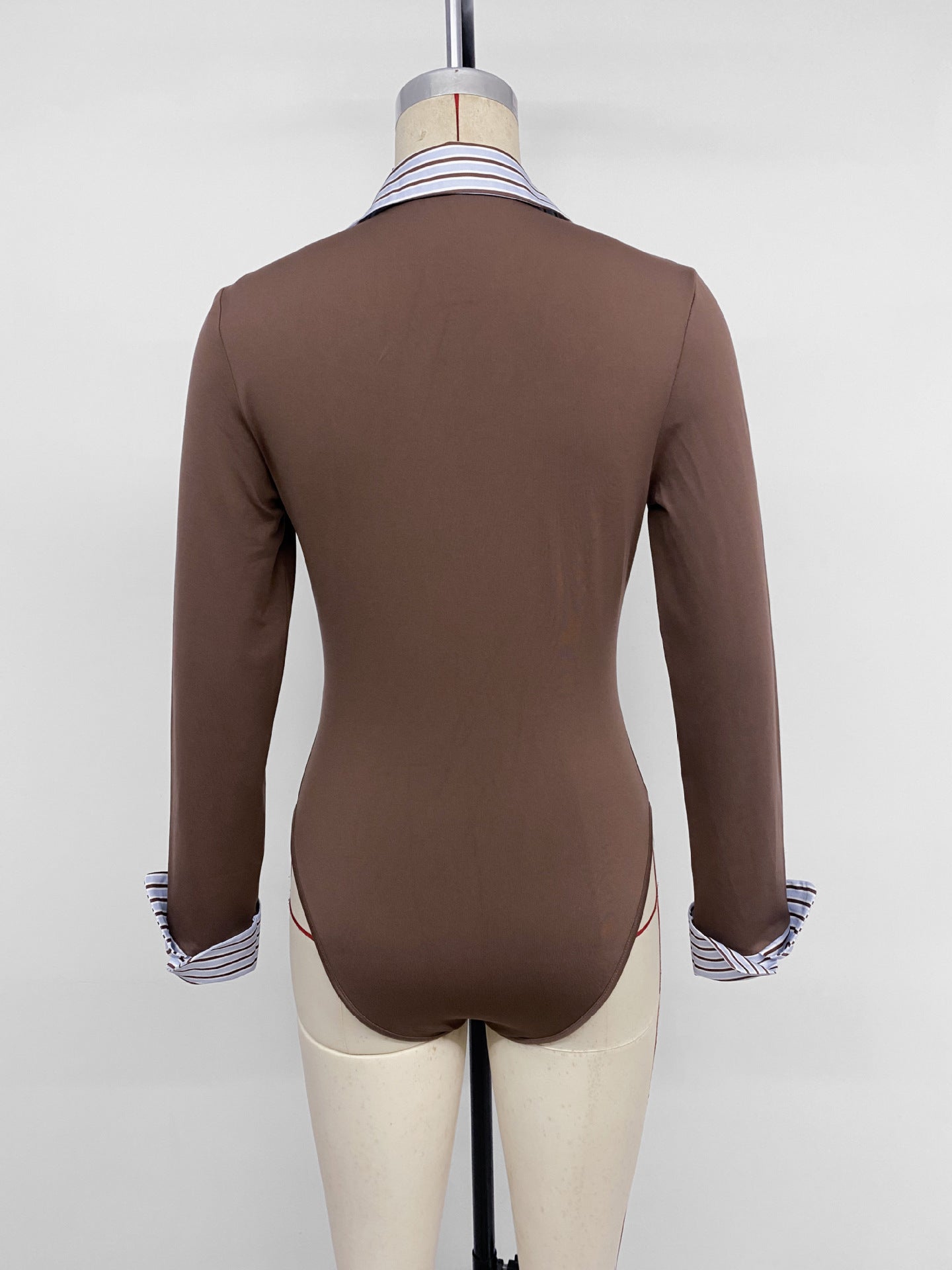 Striped Shirt Collar Long Sleeve Slim Fit Bodysuit