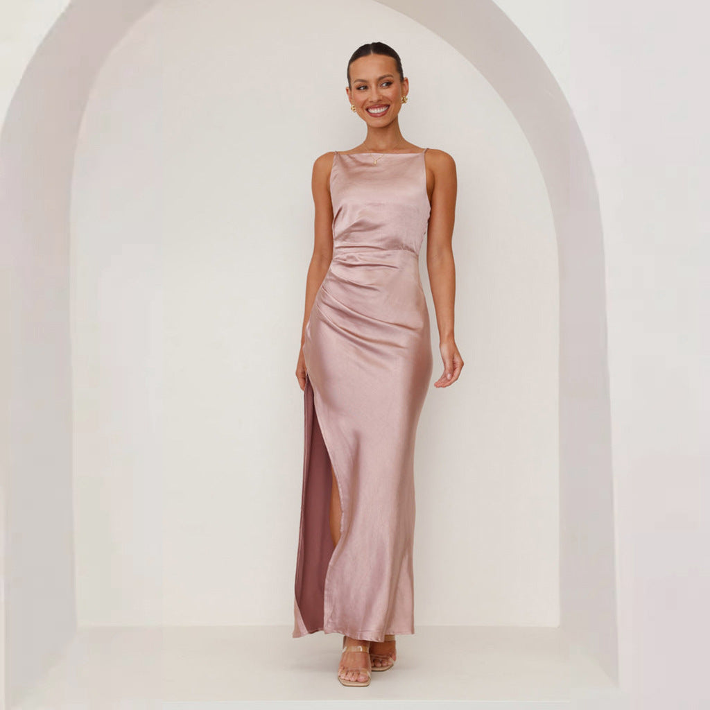 Women Solid Color Sexy Halter Split Medium and Long Sleeveless Dress