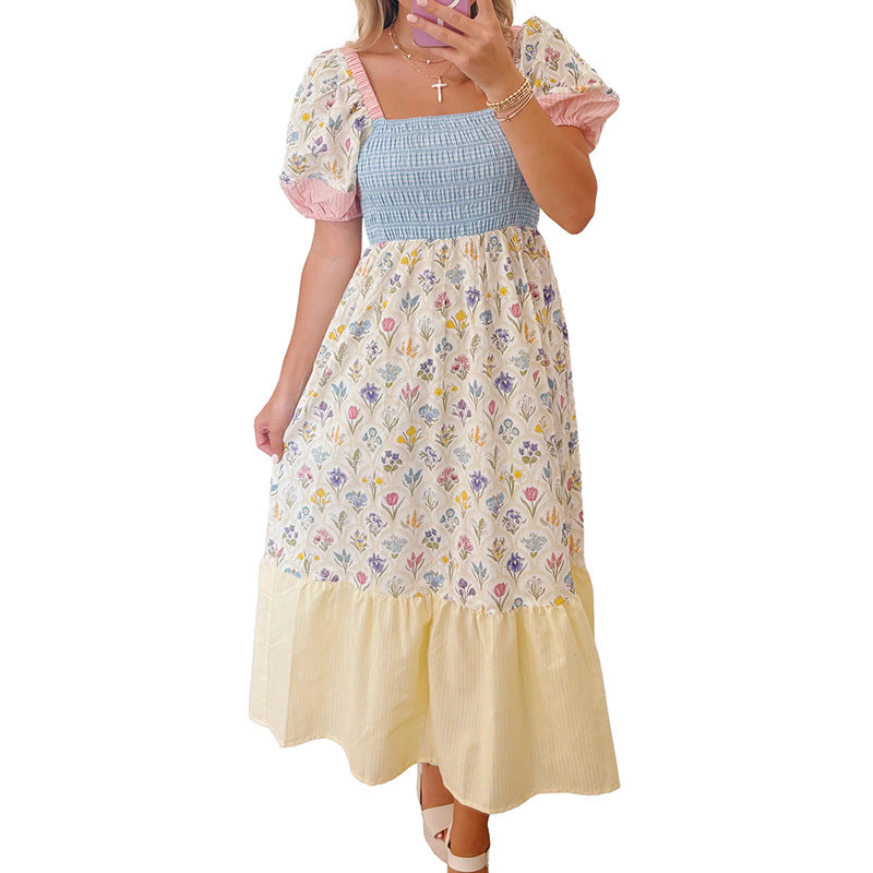 Women Square Neck Dress High Waist Long Dress