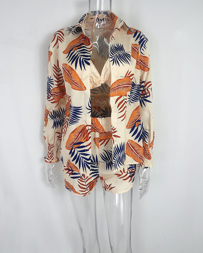 Sexy Beach Vacation Style Printed Shorts Three-piece Set
