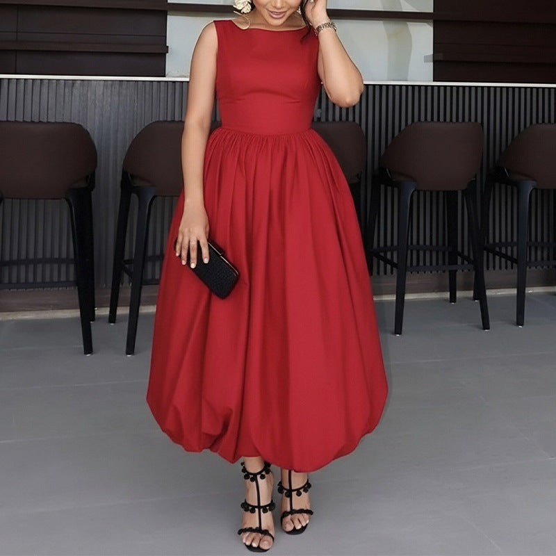 Women Fashion Casual Solid Color Splicing Sleeveless Bud Dress