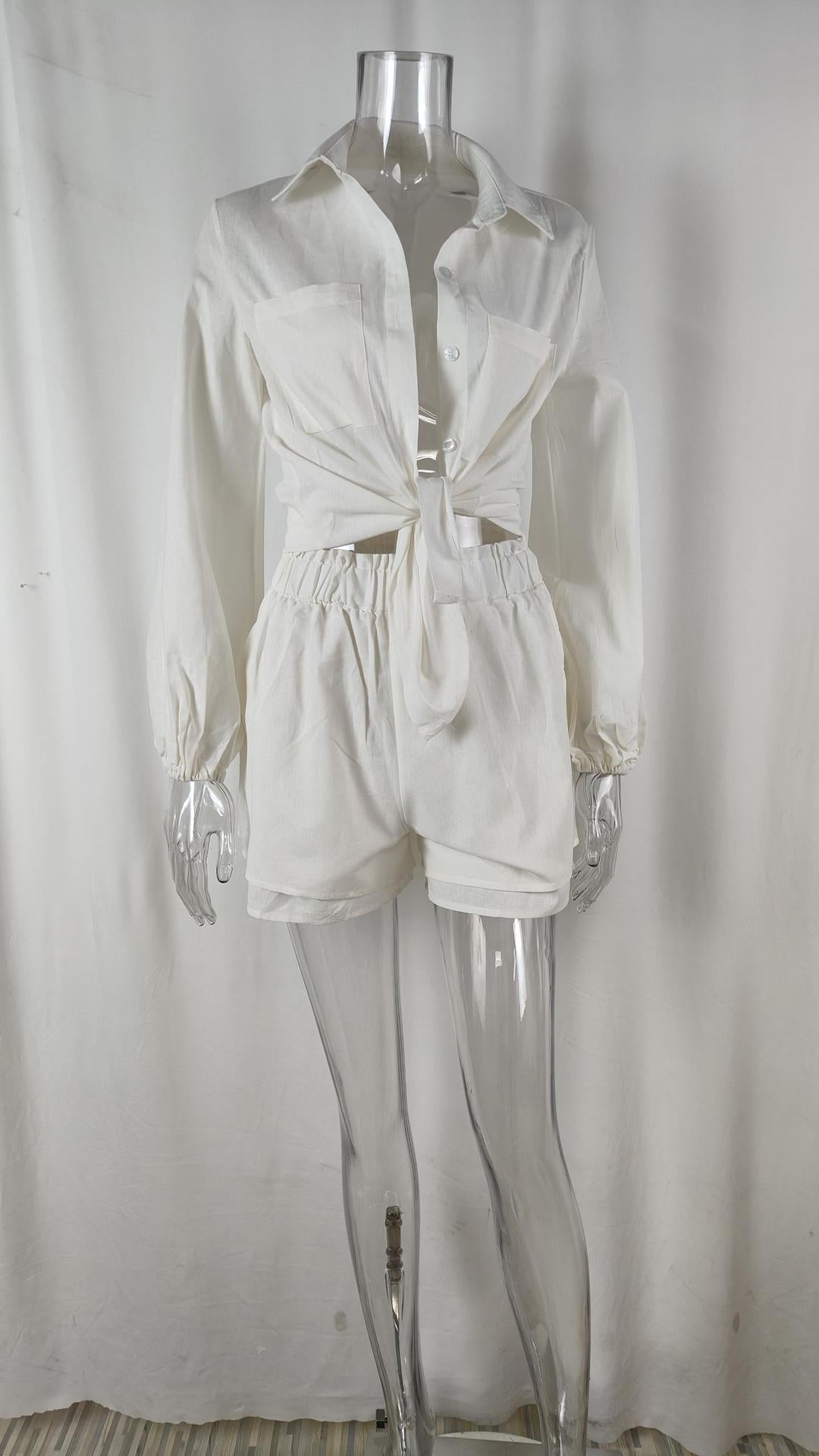 Women's Casual Solid Color Ruffle Shirt Shorts Set