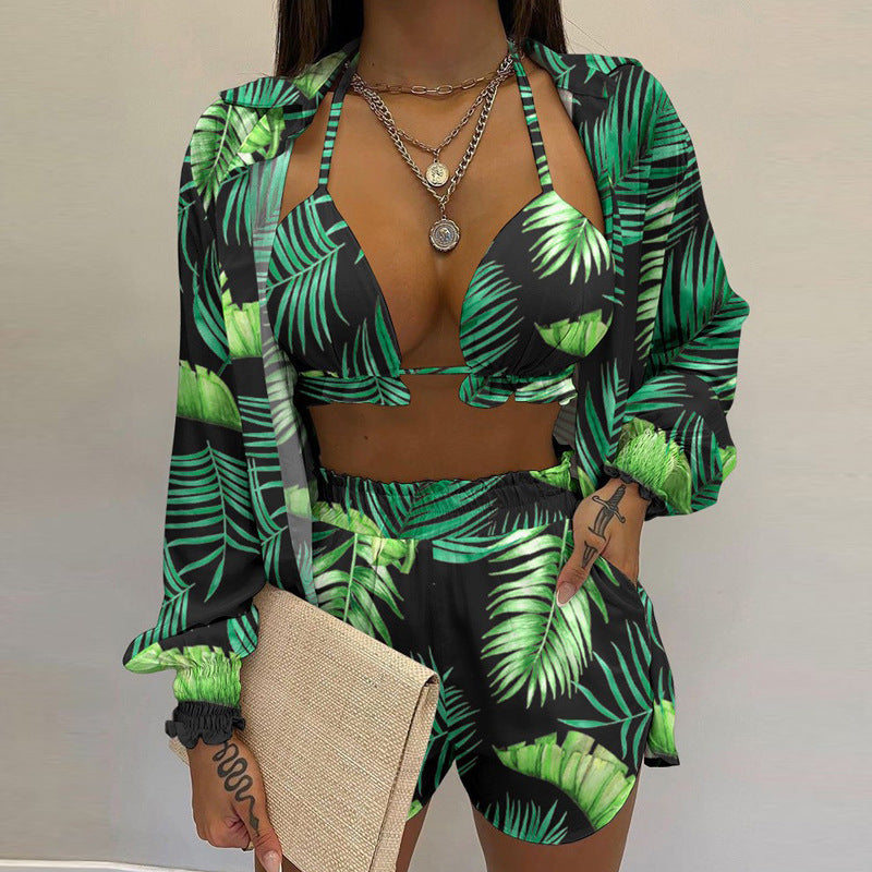 Sexy Beach Vacation Style Printed Shorts Three-piece Set
