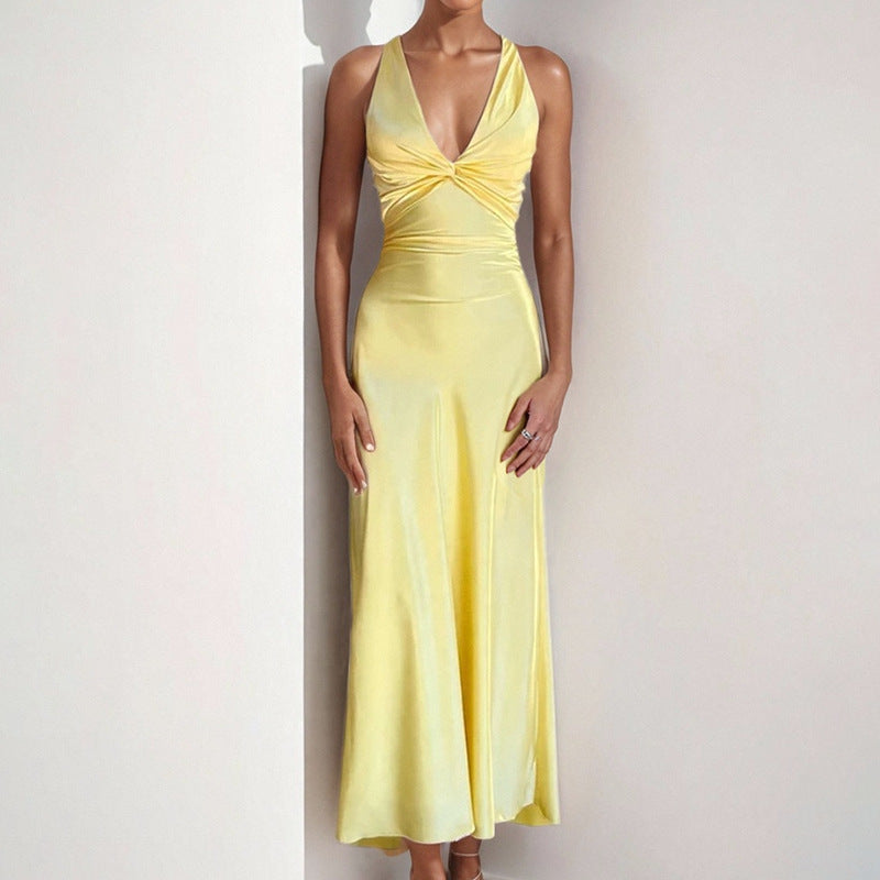 Sexy V-neck Pleated Slim-fit Dress Long Dress