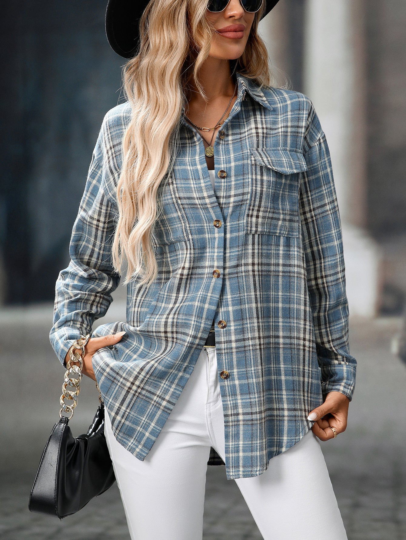 Casual Fashion Loose Plaid Pocket Shirt Women