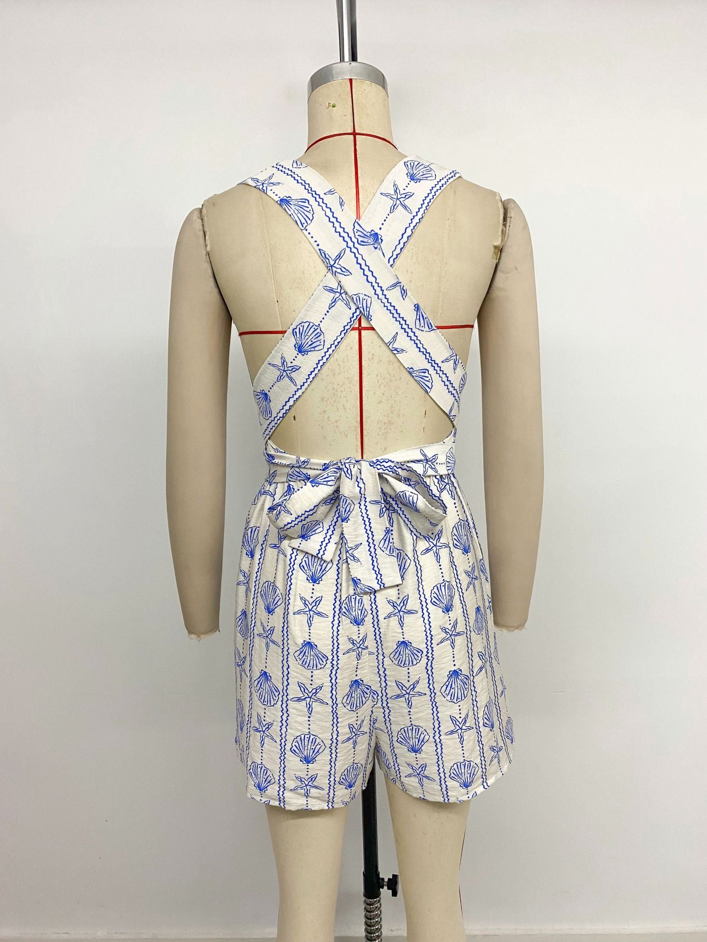 Sexy seaside vacation jumpsuit shorts neck ocean print jumpsuit