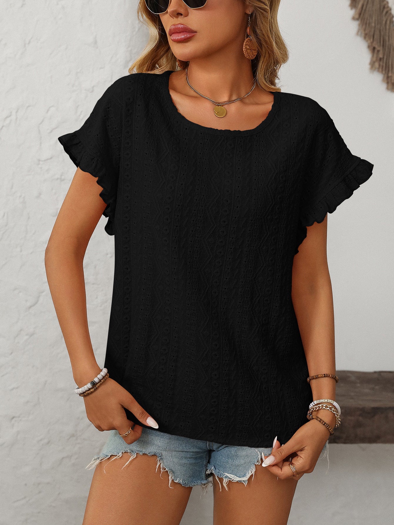 Solid Color Crew Neck Sweet Short-sleeved T-shirt Hollow Top
