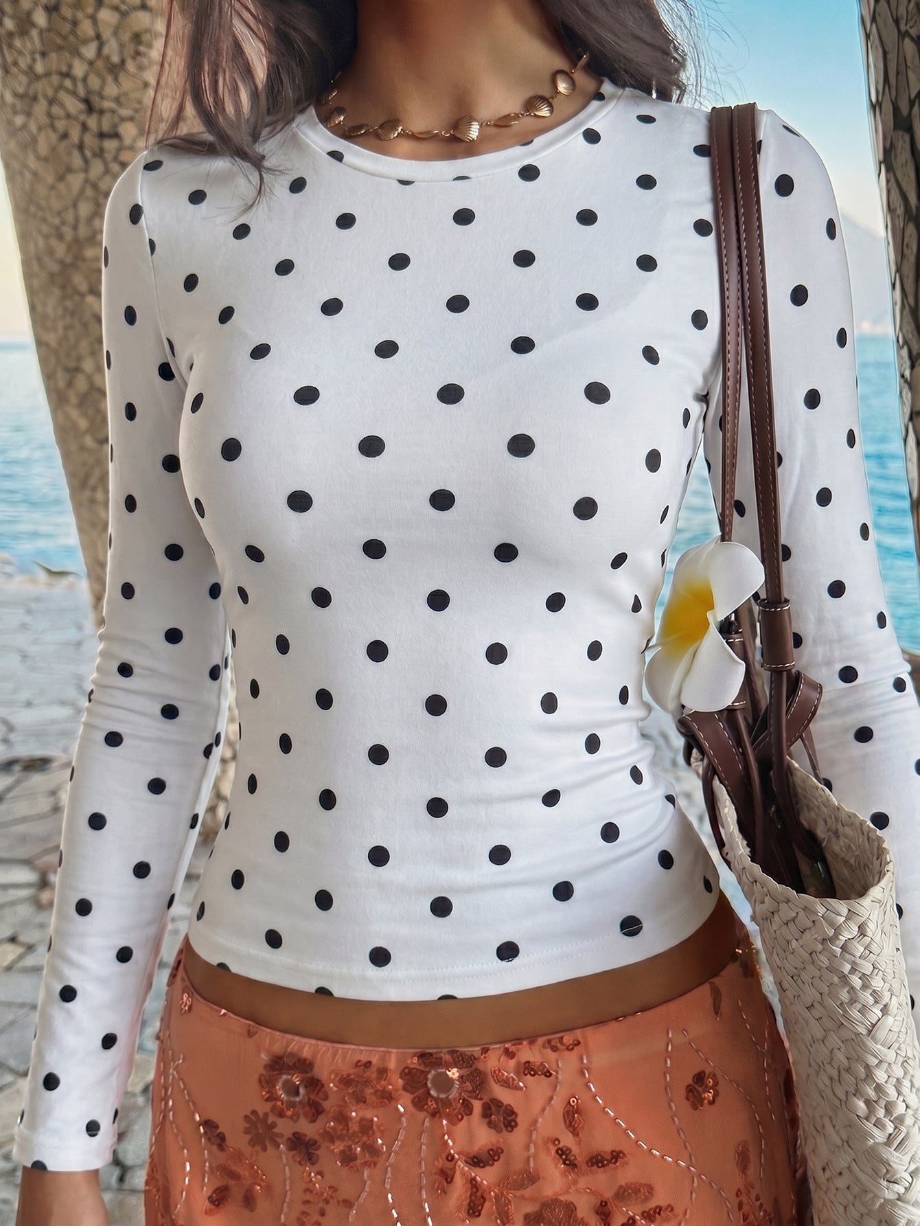 Womens Vintage Polka Dot Crew Neck Slim Fit Top
