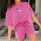 Women Short Sleeve Two-piece Striped Print Suit