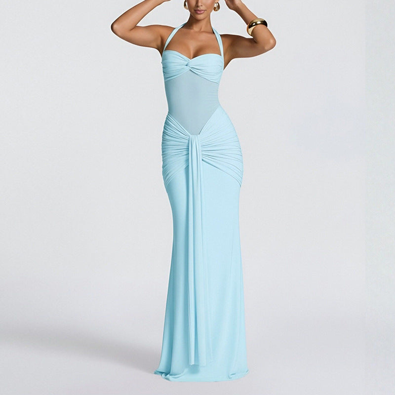 Women's Elegant Neck Solid Color Lace-up Slim Dress
