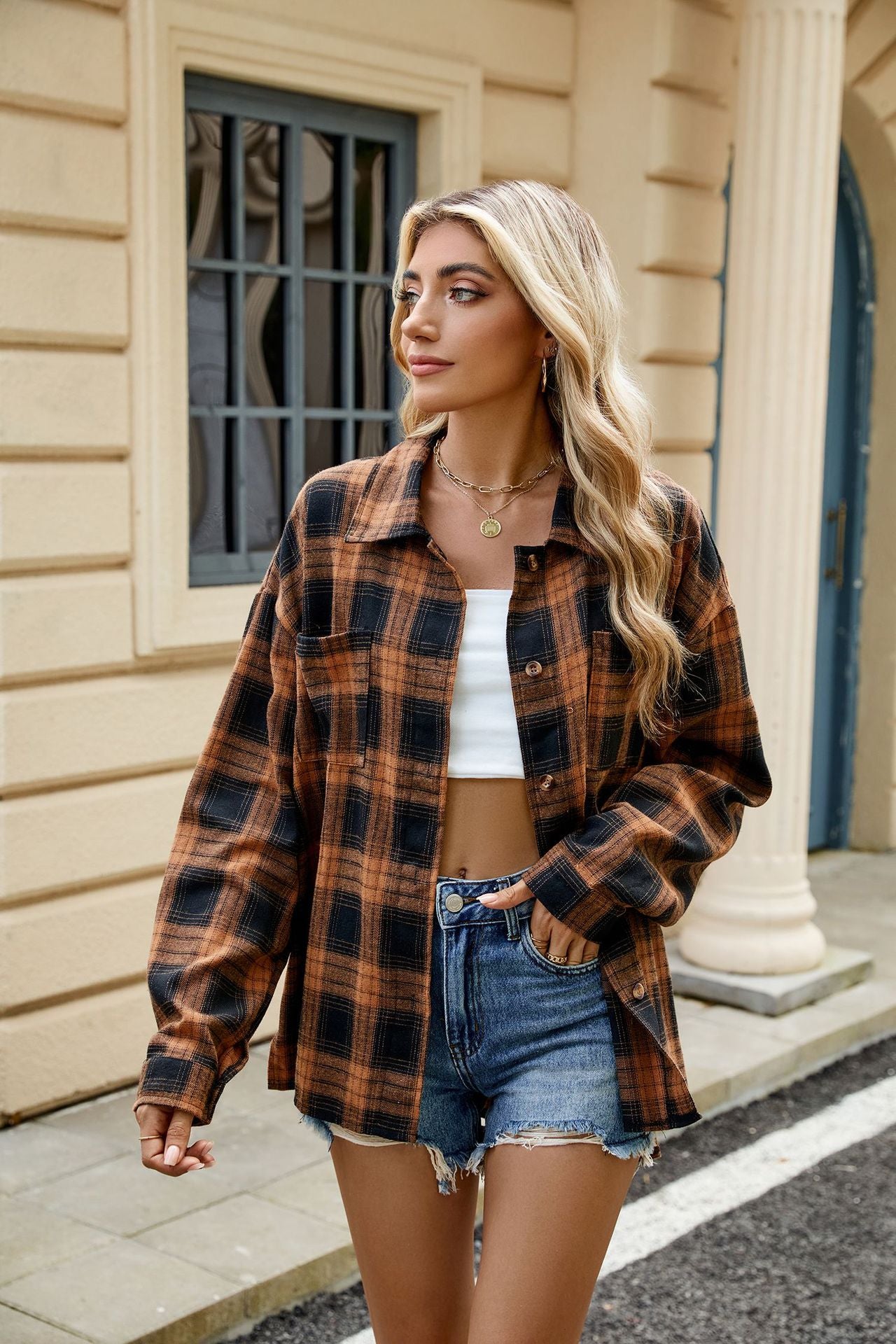Lapel Long Sleeve Pocket Button Plaid Shirt Top Women