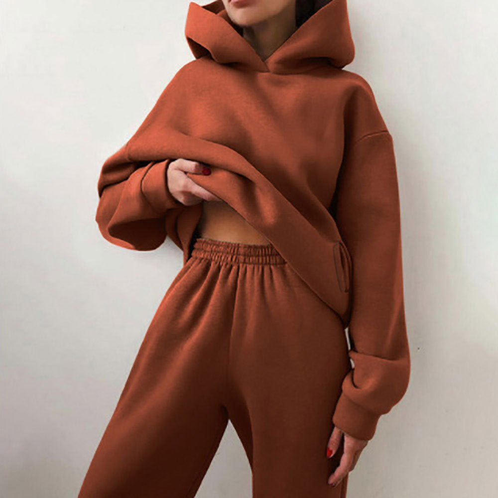 Women Fashion Casual Sports Solid Color Hooded Set