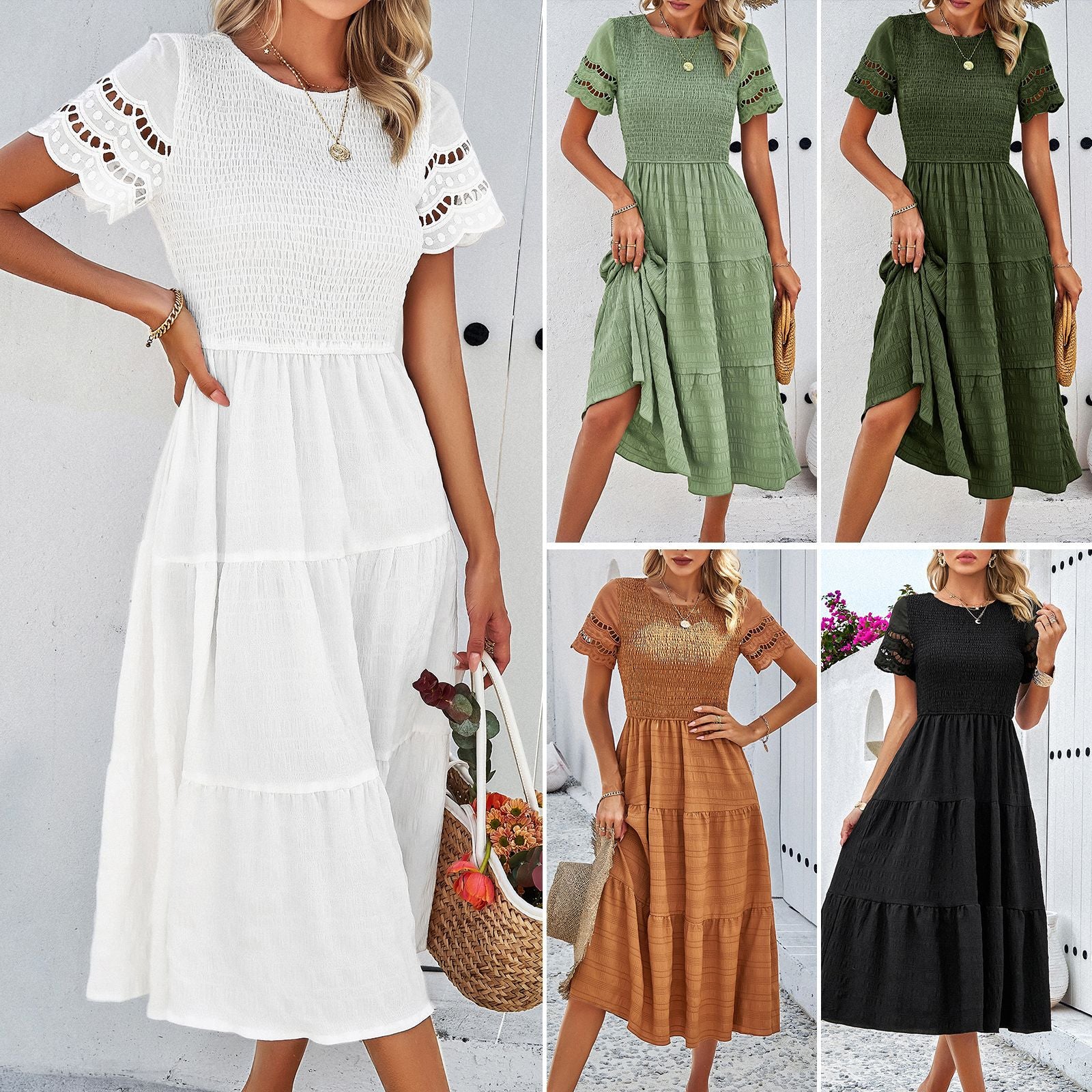 Solid Color Short-sleeved Cut-out Dress for Women