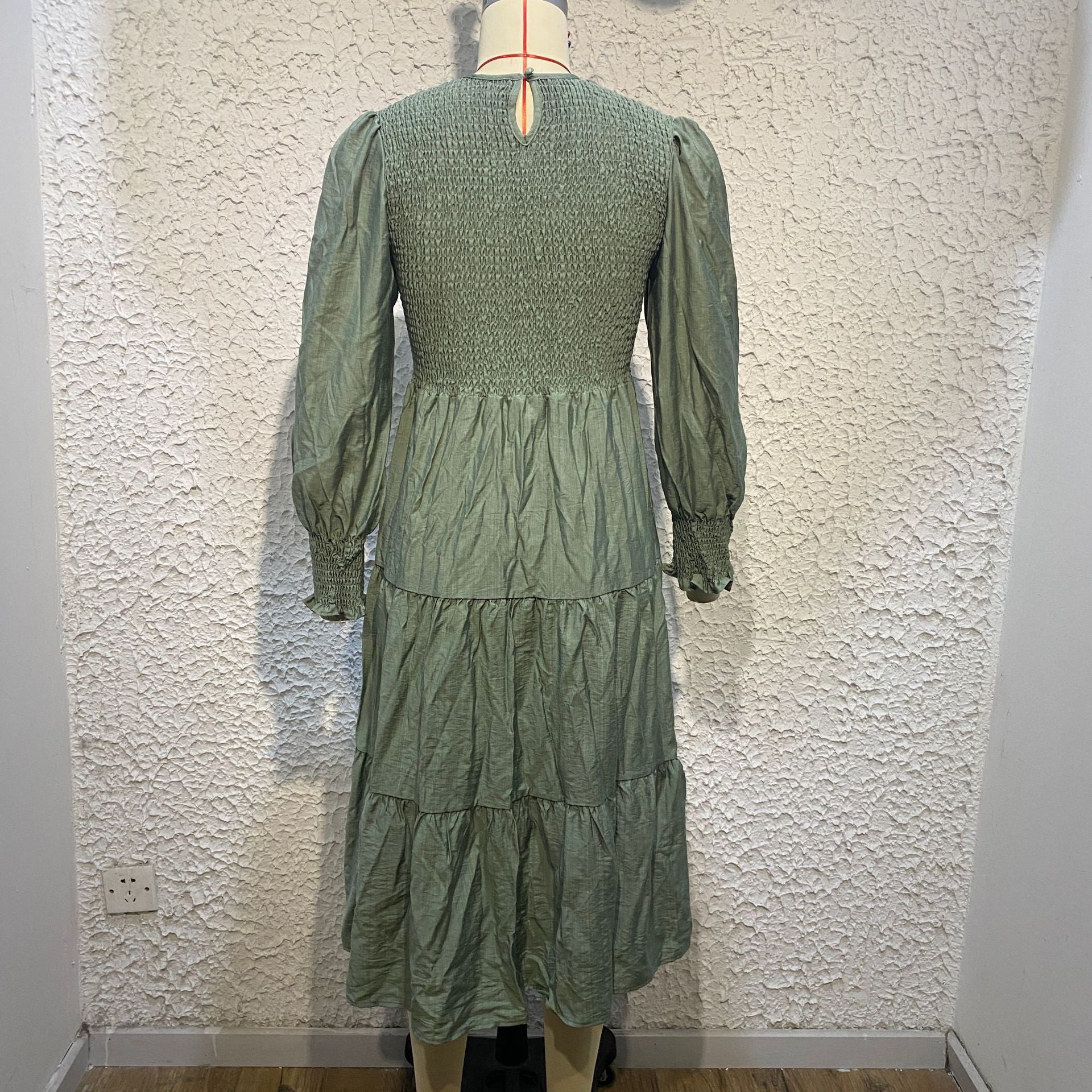 Women Vintage Crew Neck High Waist Roller Dress Lantern Sleeves