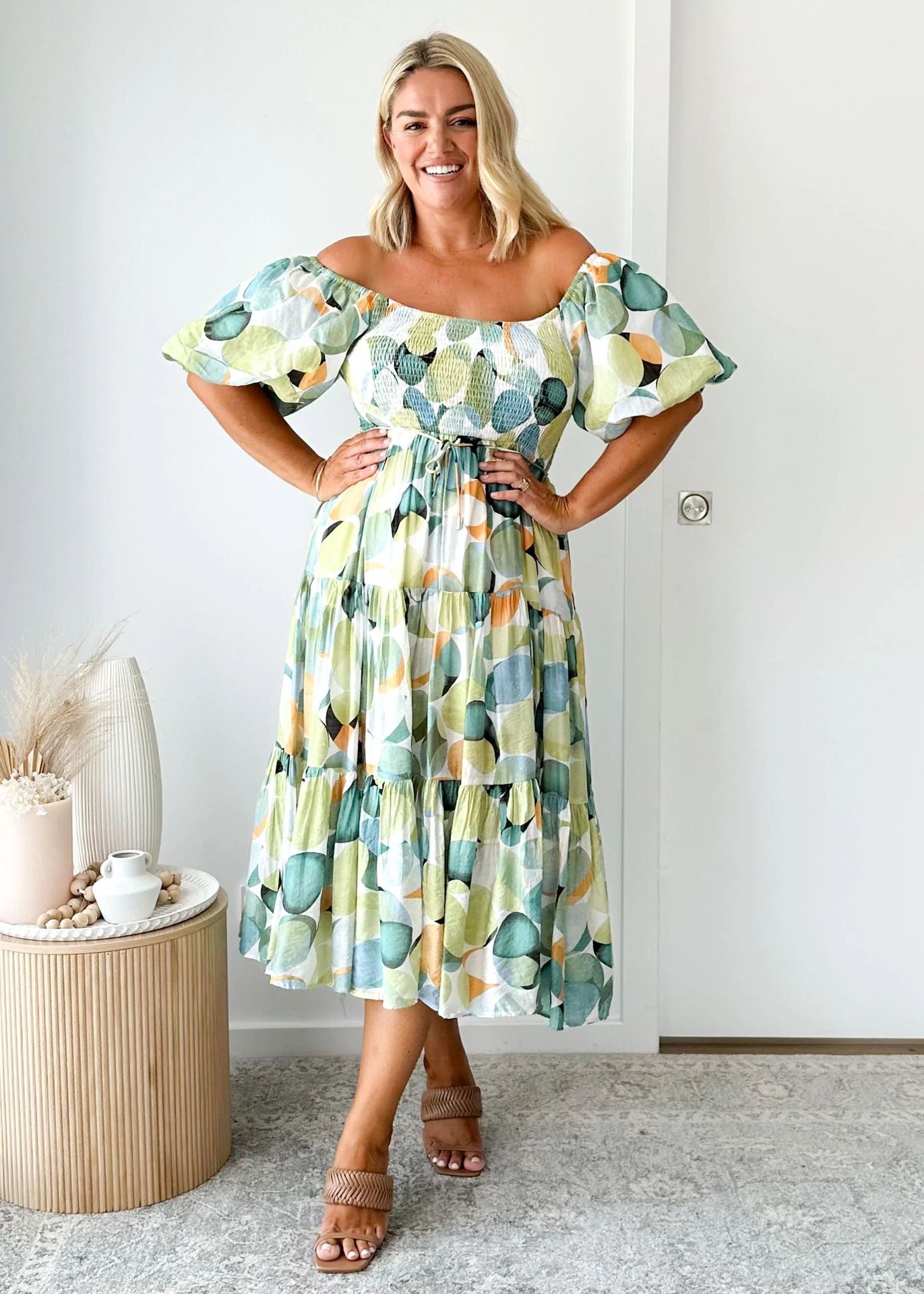 Women Bubble Sleeve Holiday Skinny Long Dress High Waist Shoulder Print Dress