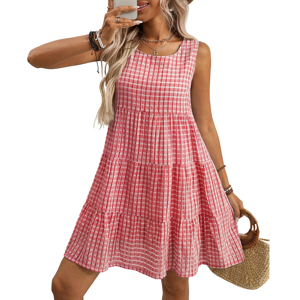 Women's Loose Casual Flowing Sleeveless Plaid Dress