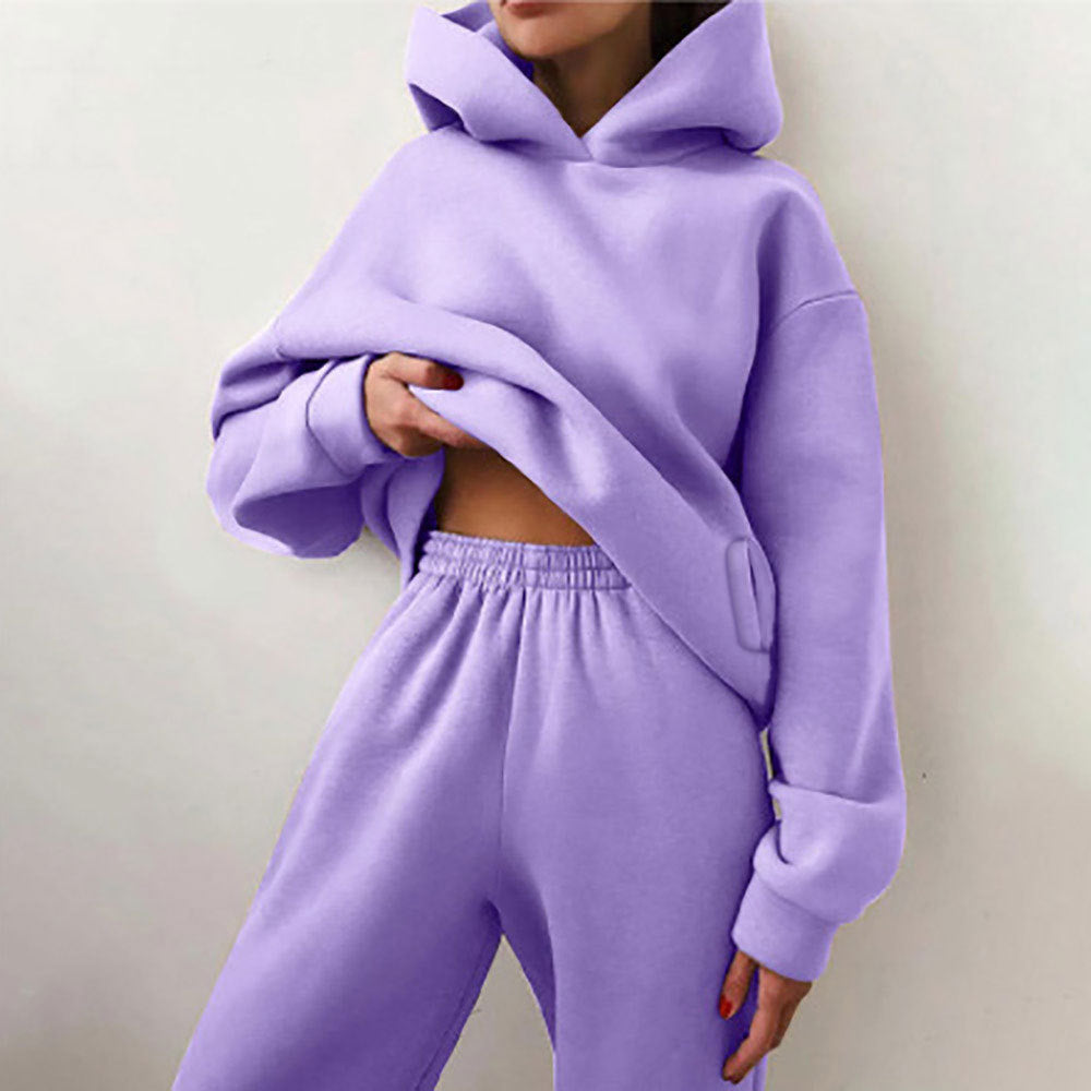 Women Fashion Casual Sports Solid Color Hooded Set