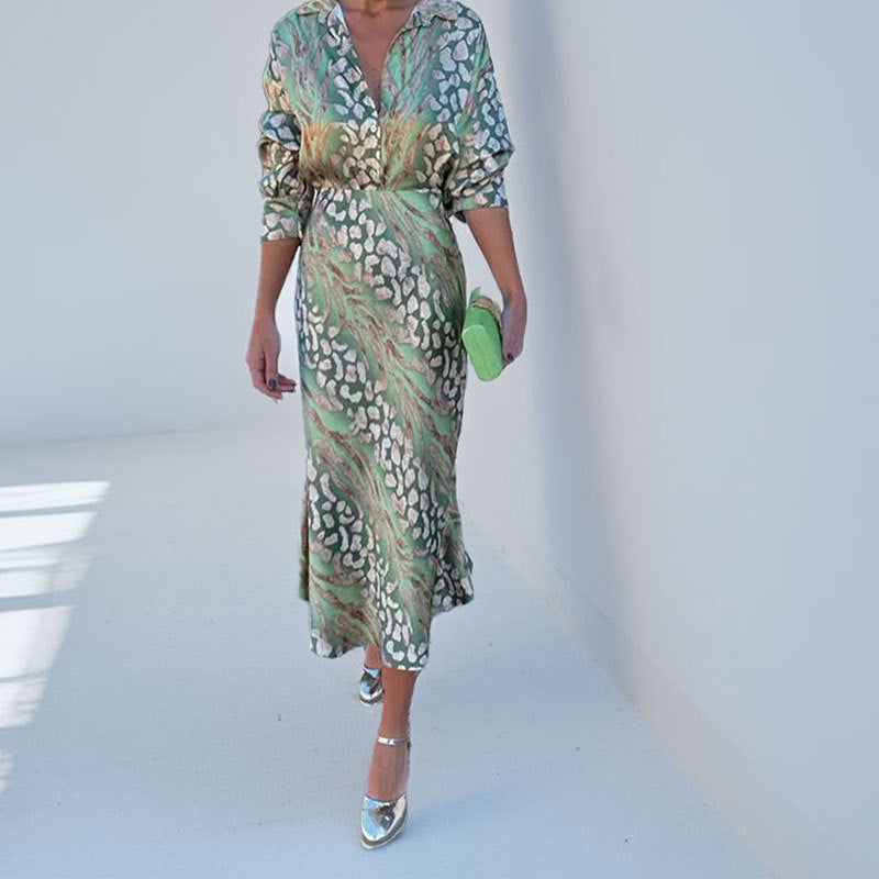 Women Elegant Lapel Print High Waist Dress