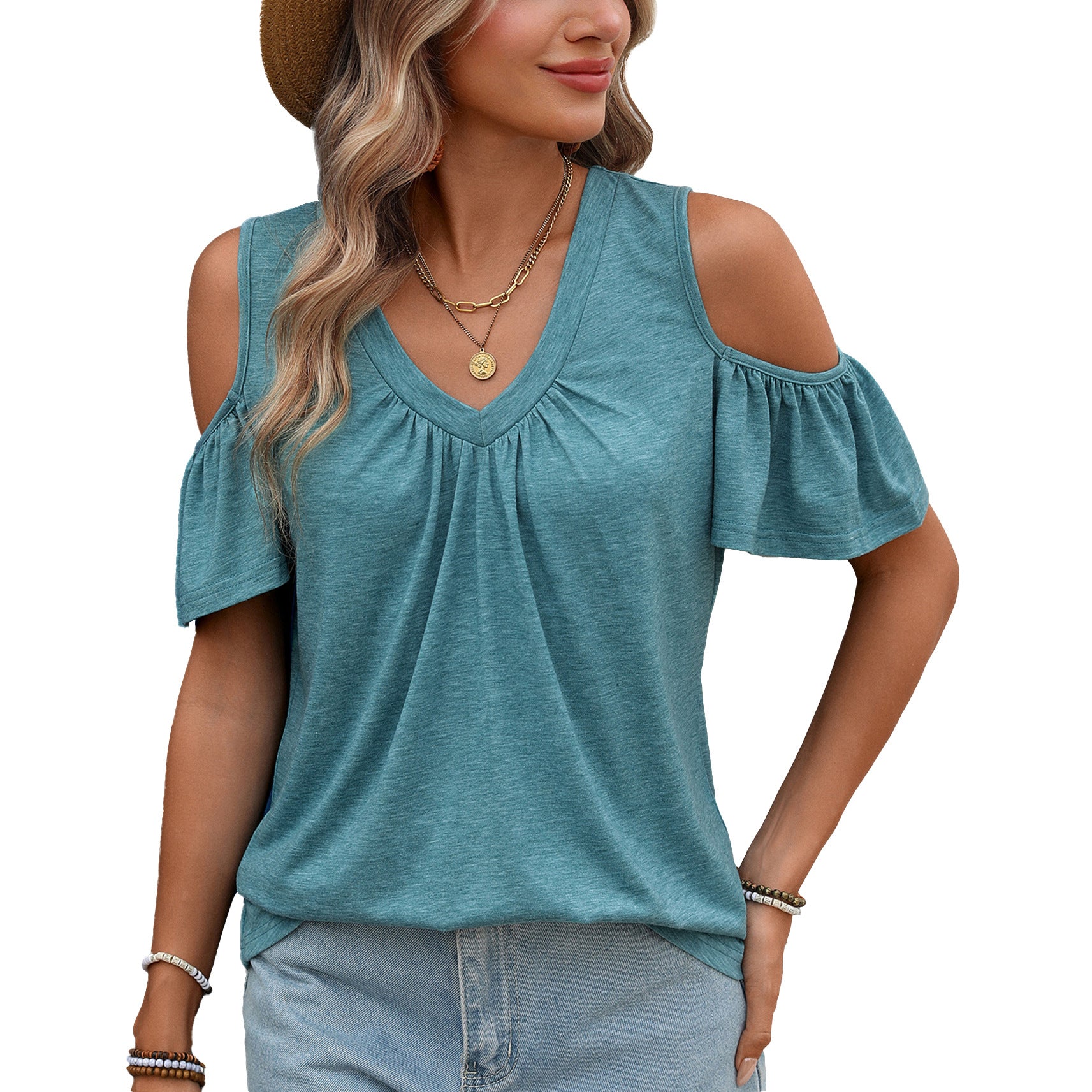 Women Solid Color V-Neck Off-Shoulder Short Sleeve T-Shirt Top