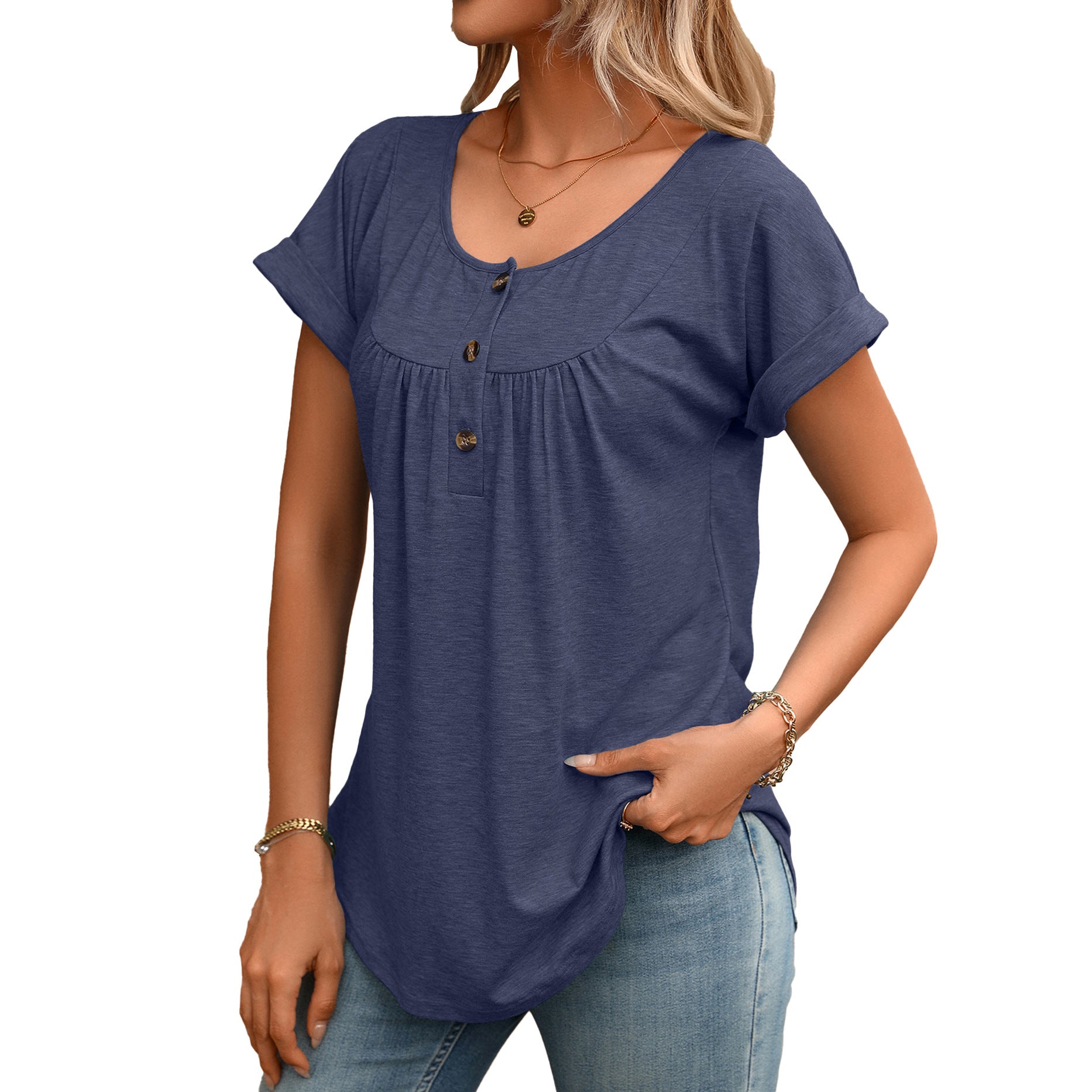 Women Solid Color Crew Neck Button Short Sleeve T-Shirt