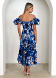 Women Bubble Sleeve Holiday Skinny Long Dress High Waist Shoulder Print Dress