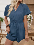 Casual Solid Color Waist Short-sleeved V-neck Jumpsuit