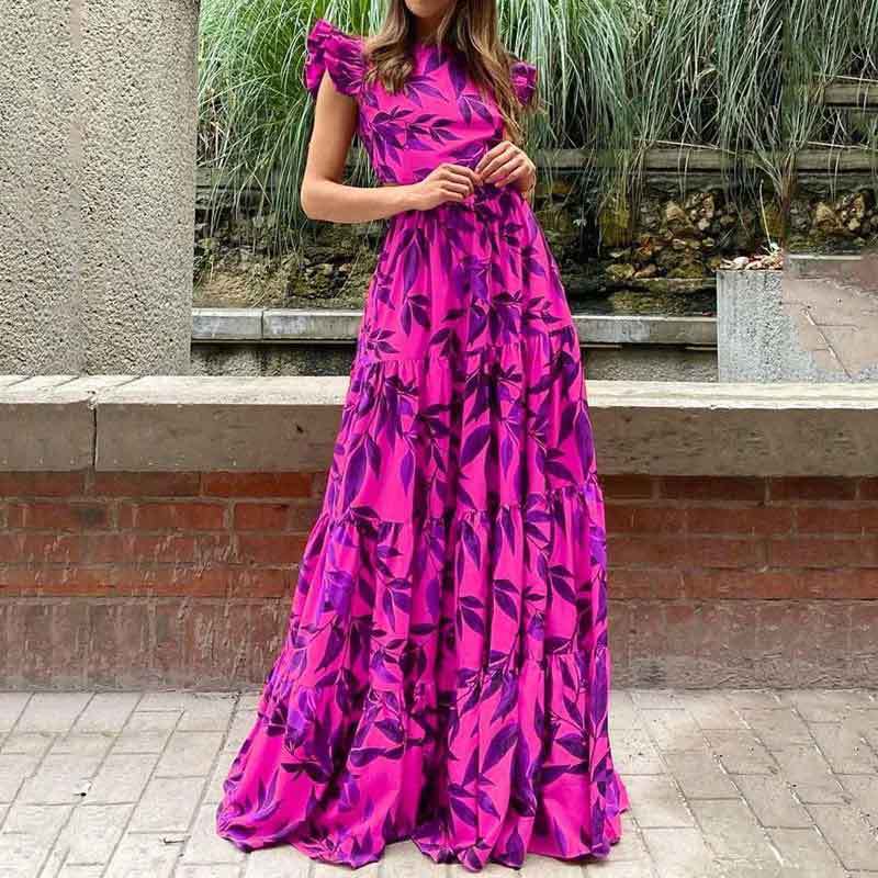Womens Lotus Leaf Sleeve Print Long Dress